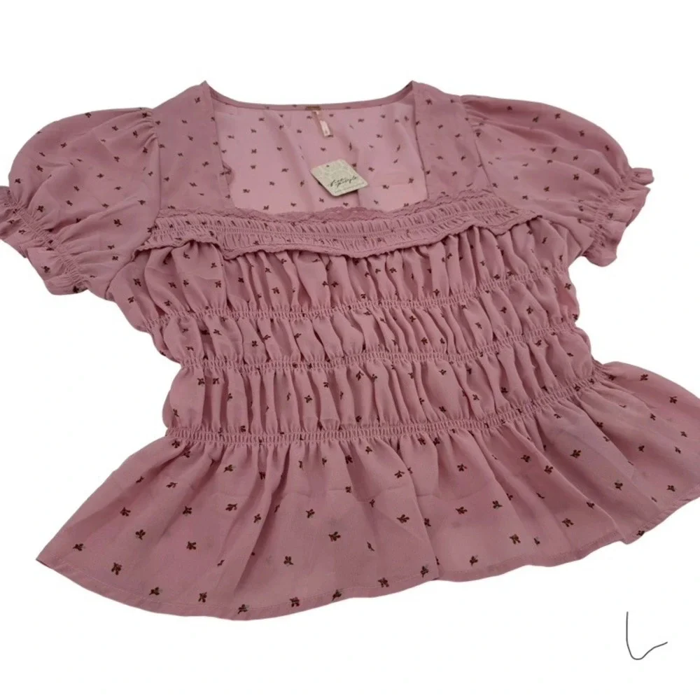 FREE PEOPLE New‎ Large Adore You Blouse Smocked Peplum Pink Floral Cottagecore